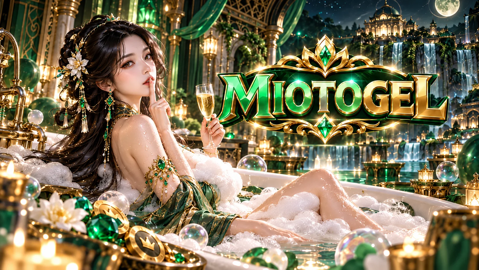 MIOTOGEL wanita mandi busa dengan telunjuk di bibir bernuansa hijau zamrud